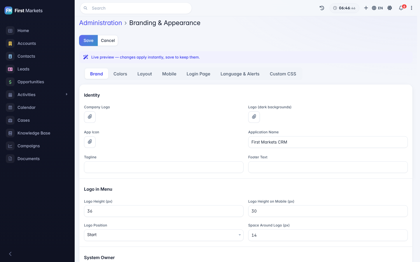 Branding & Appearance page