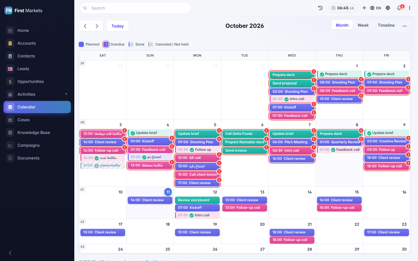 Calendar with clear status colors